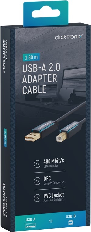 ClickTronic Adapterkabel fra USB-A til USB-B 2.0 Premium-kabel | USB A-kontakt USB B 2.0-kontakt | 1,8 m | 480 Mbit/s