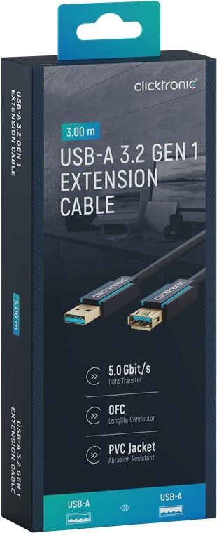 ClickTronic Forlengelseskabel USB-A Premium-kabel | USB A hann USB A hunn | 3,0 m | 5 Gbit/s