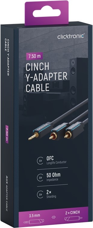 ClickTronic 3,5 mm AUX til RCA-adapterkabel, premium stereokabel, 1x 3,5 mm jackplugg, 2x cinchplugg, 7,5 m, OFC innerleder