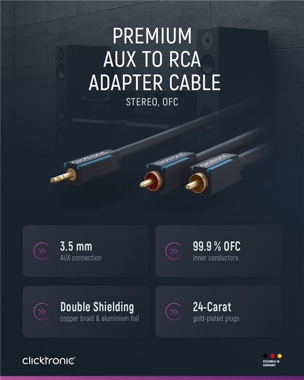 ClickTronic 3,5 mm AUX til RCA-adapterkabel, Stereo Premium-kabel | 1x 3,5 mm jackplugg 2x cinchplugg | 10,0 m | OFC innerleder