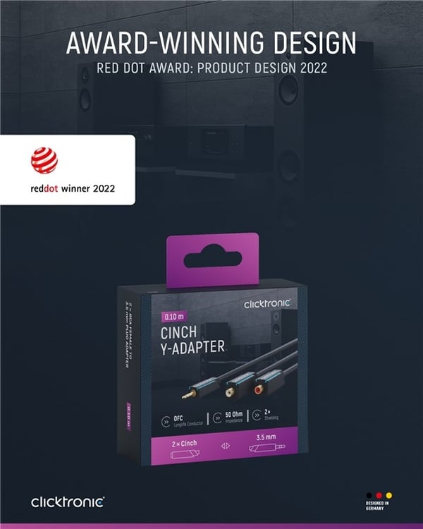 ClickTronic 3,5 mm AUX til RCA-adapterkabel, stereo Premium-kabel | 2x cinchjack 1x 3,5 mm jackplugg | 0,1 m | OFC innerleder