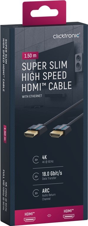 ClickTronic Ultratynn høyhastighets HDMI™-kabel med Ethernet Premium-kabel | 1x HDMI™-kontakt 1x HDMI™-kontakt | 1,5 m | UHD 4K @ 60 Hz