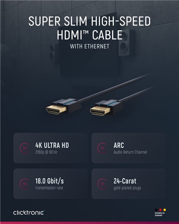 ClickTronic Ultratynn høyhastighets HDMI™-kabel med Ethernet Premium-kabel | 1x HDMI™-kontakt 1x HDMI™-kontakt | 1,5 m | UHD 4K @ 60 Hz