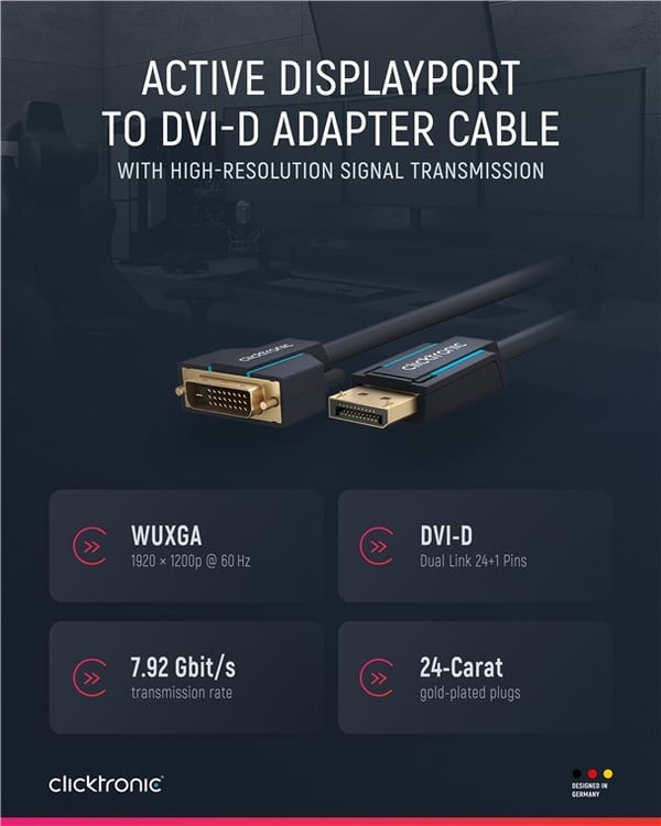 ClickTronic Adapterkabel for aktiv DisplayPort™ til DVI-D Premium-kabel | 1x DisplayPort™-kontakt >> 1x DVI-D-kontakt | 2,0 m | WUXGA @ 60 Hz