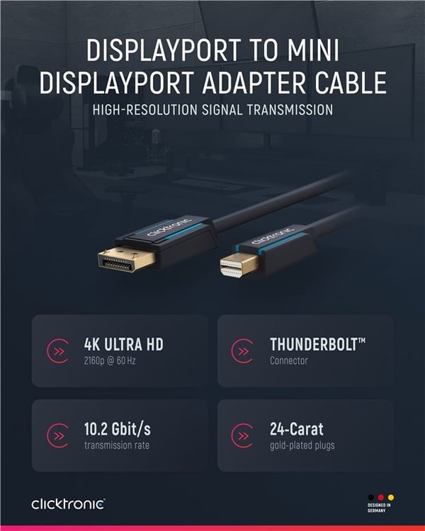 ClickTronic Adapterkabel för DisplayPort™ till mini DisplayPort™ premiumkabel | DisplayPort™-kontakt  mini DisplayPort™-kontakt | 1,0 m | UHD 4K @ 60