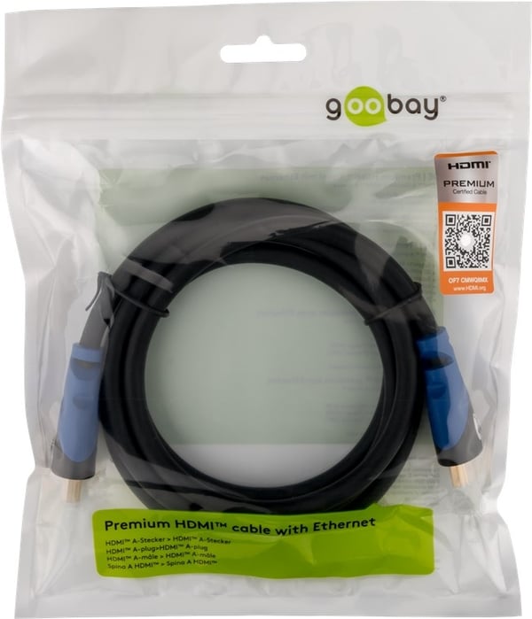 Goobay Premium høyhastighets HDMI™-kabel med Ethernet, sertifisert HDMI™-kontakt (type A) > HDMI™-kontakt (type A), 2 m