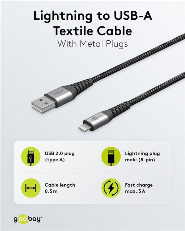 Goobay Lightning til USB-A tekstilkabel med metallplugger 1 m elegant og ekstra robust tilkoblingskabel for bl.a. Apple iPhone, iPad (Apple MFi-sertif