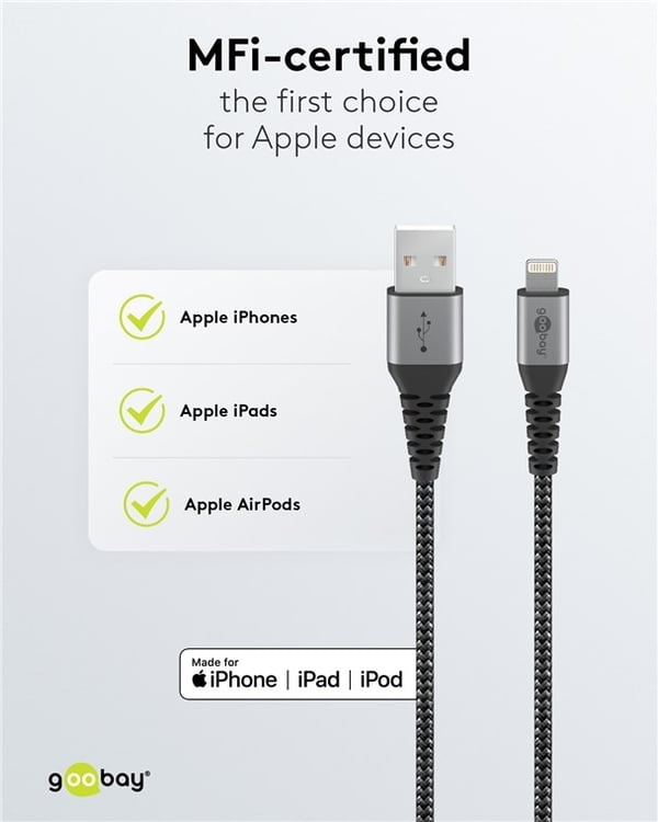 Goobay Lightning til USB-A tekstilkabel med metallplugger 1 m elegant og ekstra robust tilkoblingskabel for bl.a. Apple iPhone, iPad (Apple MFi-sertif