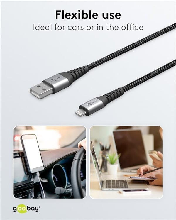 Goobay Lightning til USB-A tekstilkabel med metallplugger 1 m elegant og ekstra robust tilkoblingskabel for bl.a. Apple iPhone, iPad (Apple MFi-sertif