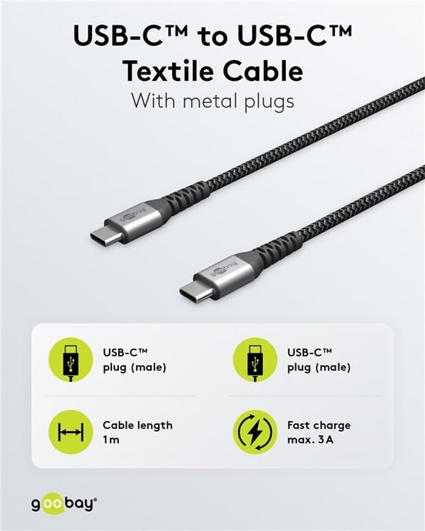 Goobay USB-C™ til USB-C™ tekstilkabel med metallkontakter 1 m elegant og ekstra robust tilkoblingskabel for enheter med USB-C™-port