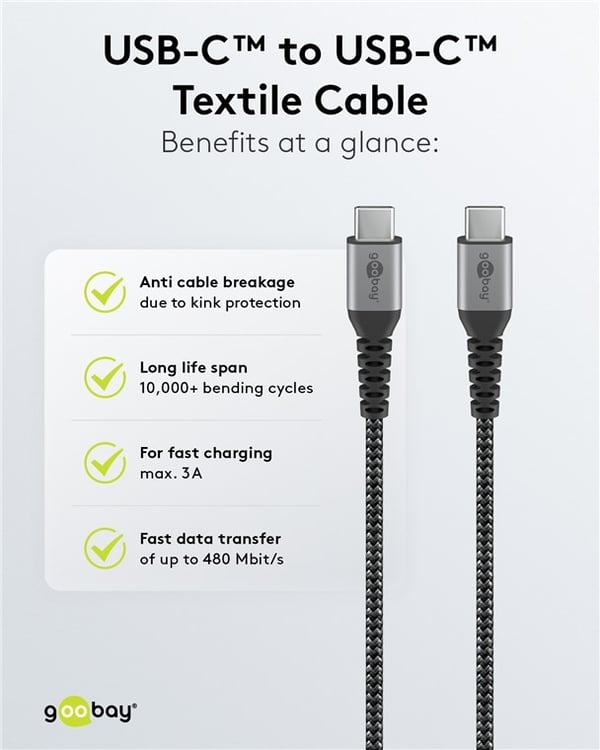 Goobay USB-C™ til USB-C™ tekstilkabel med metallkontakter 1 m elegant og ekstra robust tilkoblingskabel for enheter med USB-C™-port