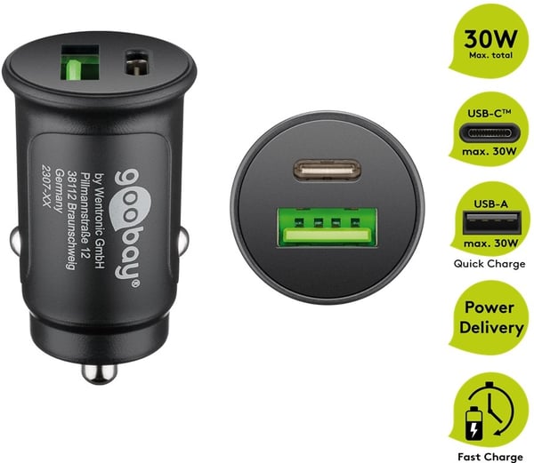 Goobay Dual-USB Auto Fast Charger USB-C™ PD (Power Delivery) (30W) 30W (12/24V) egnet for enheter med USB-C™ (Power Delivery), for eksempel iPhone 12