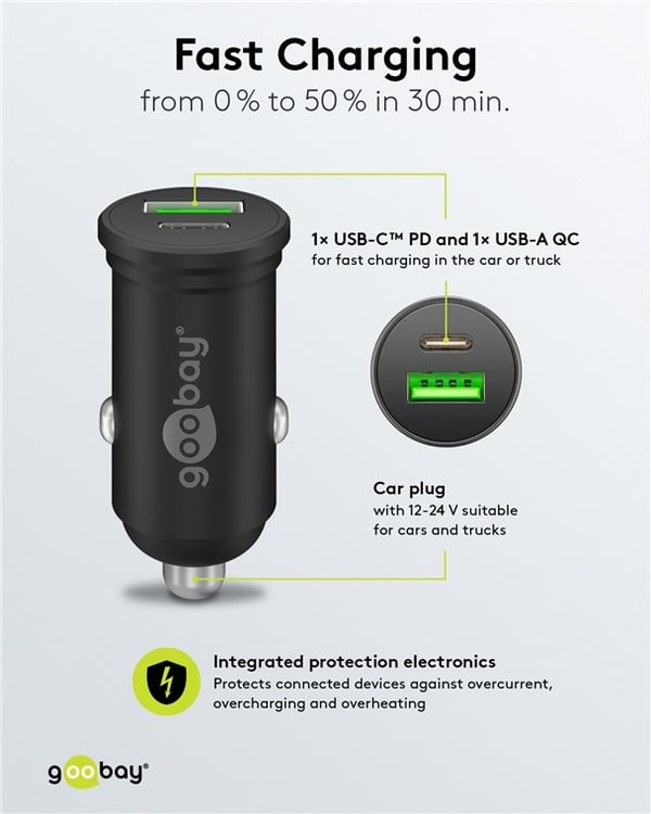 Goobay Dobbel USB-billader USB-C™ PD (Power Delivery) (45 W) 45 W (12/24 V), egnet for enheter med USB-C™ (Power Delivery), f.eks. iPhone 12