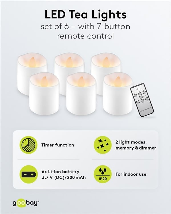 Goobay Sett med 6 LED-teklys med fjernkontroll, for innendørs bruk (IP20), varmhvit (2700 K), lading via USB