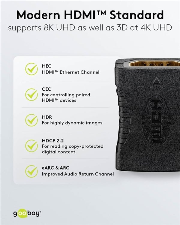 Goobay HDMI™-adapter, kobler, gullbelagt, 8K @ 60 Hz HDMI™-kontakt (type A) > HDMI™-kontakt (type A)