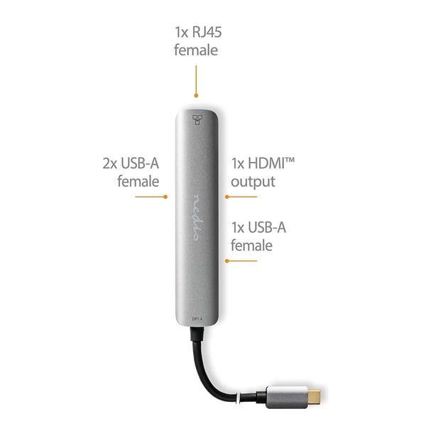 Nedis USB Multi-Port Adapter | 5-in-1 | USB 3.2 Gen 1 | USB-C™ Hann | HDMI™ Output / RJ45 Hun / 3x USB-A Hunn | 5 Gbps | 0.20 m | Rund | Gull belagt |