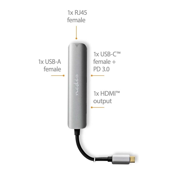 Nedis USB Multi-Port Adapter | 4-in-1 | USB 3.2 Gen 1 | USB-C™ Hann | HDMI™ Output / RJ45 Hun / USB-A Hun / USB-C™ Hunn | 5 Gbps | 0.20 m | Rund | Gul