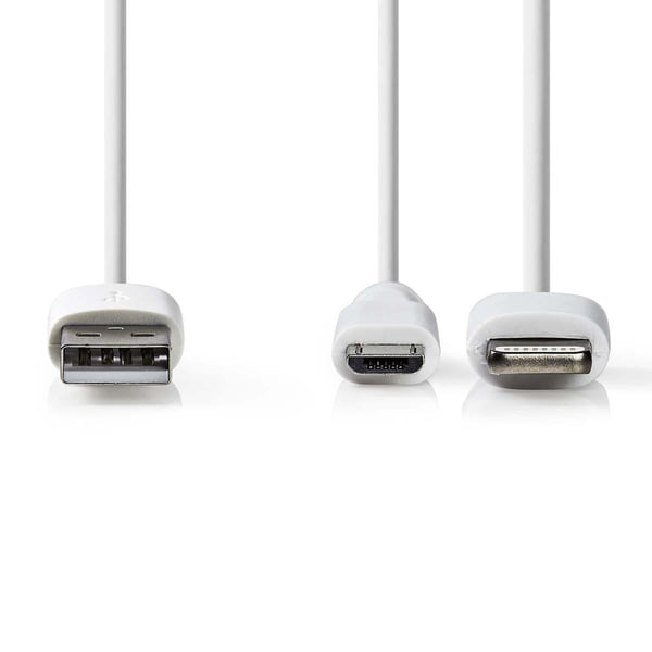 Nedis 2 i en kabel | USB 2.0 | USB-A Han | Apple Lightning 8-Pinners / USB Micro-B Han | 480 Mbps | 1.00 m | Nikkel belagt | Rund | PVC | Hvit | Plast