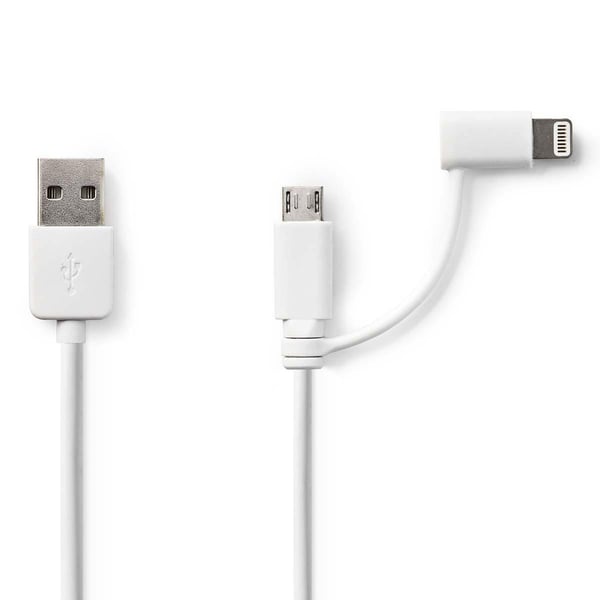 Nedis 2 i en kabel | USB 2.0 | USB-A Han | Apple Lightning 8-Pinners / USB Micro-B Han | 480 Mbps | 1.00 m | Nikkel belagt | Rund | PVC | Hvit | Plast