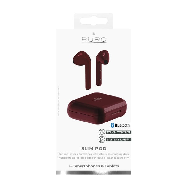 Puro Bluetooth Slim Pod-øretelefoner med ladestasjon, rød