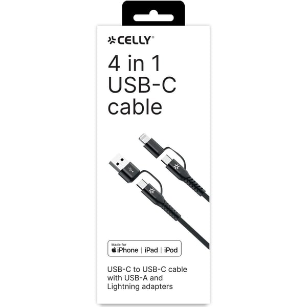 Celly 4-i-1-kabel USB-C/USB-A til USB-C/Lightning Max 60W 2 m svart