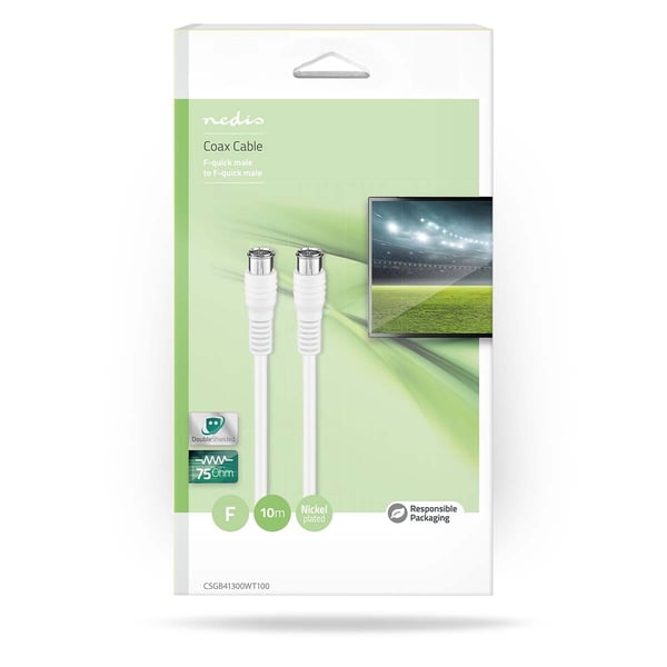 Nedis F Quick - F Quick-kabel | F Han Quick | F Han Quick | Gull belagt | 50 dB | 75 Ohm | Dobbelt skjermet | 10.0 m | Rund | PVC | Hvit | Vindus boks