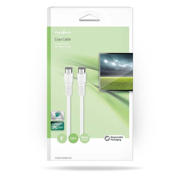 Nedis F Quick - F Quick-kabel | F Han Quick | F Han Quick | Gull belagt | 50 dB | 75 Ohm | Dobbelt skjermet | 5.00 m | Rund | PVC | Hvit | Vindus boks