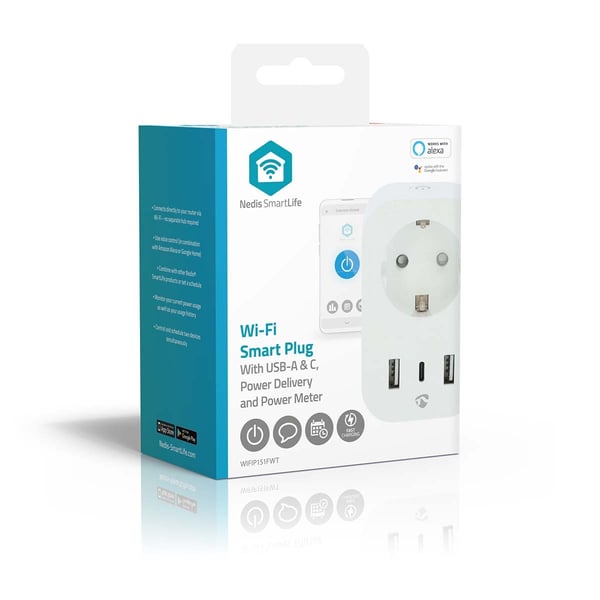 Nedis SmartLife Smart Plug | IP21 | Efektmåler | 3680 W | Type F (CEE 7/7) / 1x USB-C™ / 2x USB | 0 - 55 °C | Android™ / IOS | Hvit | 1 stk