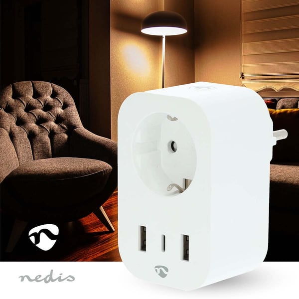 Nedis SmartLife Smart Plug | IP21 | Efektmåler | 3680 W | Type F (CEE 7/7) / 1x USB-C™ / 2x USB | 0 - 55 °C | Android™ / IOS | Hvit | 1 stk