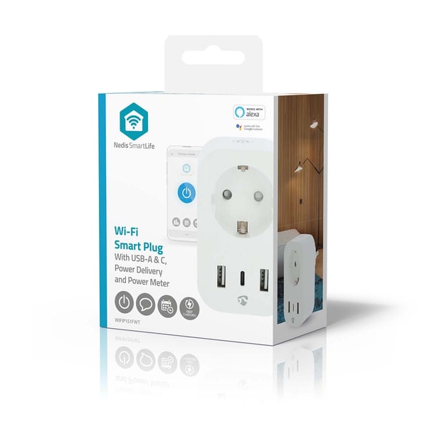 Nedis SmartLife Smart Plug | IP21 | Efektmåler | 3680 W | Type F (CEE 7/7) / 1x USB-C™ / 2x USB | 0 - 55 °C | Android™ / IOS | Hvit | 1 stk