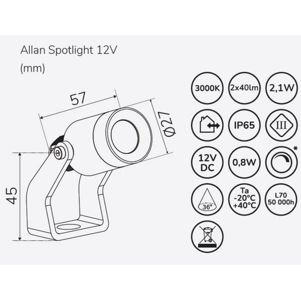 Llitt Allan Spotlight 1-pk 12V 3000K 10lm IP67