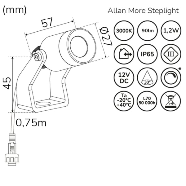 Llitt Allan More Spotlight m metallspyd 1-pk 12V 3000K 100lm IP67