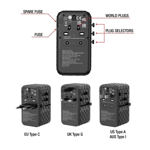 Verbatim UTA-06 GaN III Universal Travel Adapter with 2 x USB-C PD
