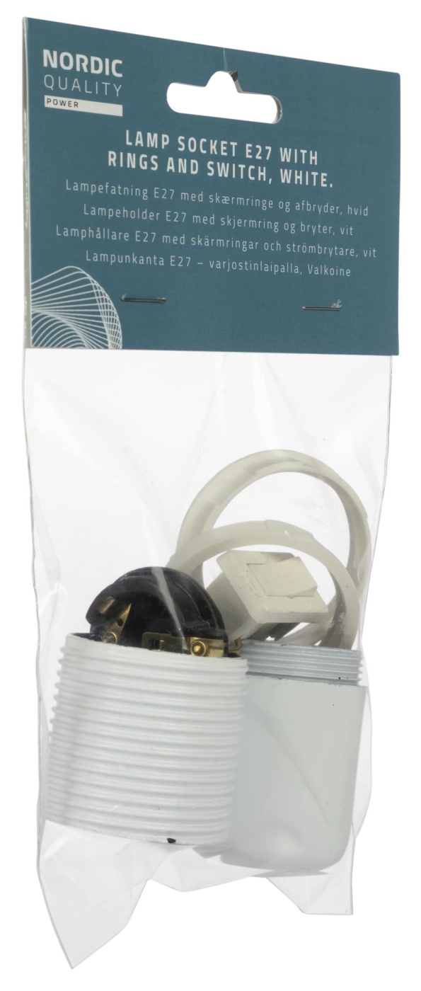 Nordic Quality Lampsockel E27 med ringar+brytare, Vit