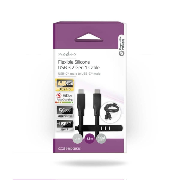 Nedis USB-kabel | USB 3.2 Gen 1 | USB-C™ Hann | USB-C™ Hann | 60 W | 4K@60Hz | 5 Gbps | Nikkel belagt | 1.50 m | Rund | Silikon | Sort | Boks