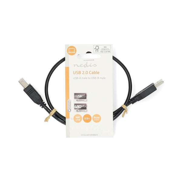 Nedis USB-kabel | USB 2.0 | USB-A Han | USB-B han | 10 W | 480 Mbps | Nikkelplateret | 0.50 m | Runde | PVC | Sort | Label