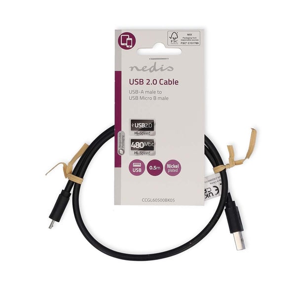 Nedis USB-kabel | USB 2.0 | USB-A Han | USB Micro-B Han | 10 W | 480 Mbps | Nikkel belagt | 0.50 m | Rund | PVC | Sort | Label