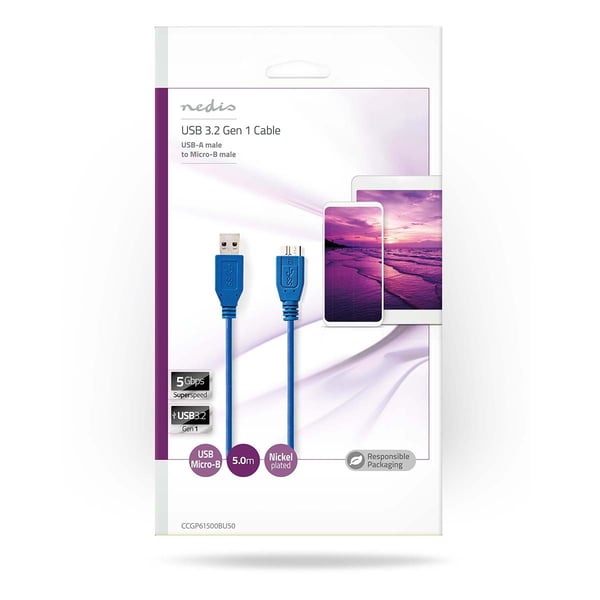 Nedis USB-kabel | USB 3.2 Gen 1 | USB-A Han | USB Micro-B Han | 5 Gbps | Nikkel belagt | 5.00 m | Rund | PVC | Blå | Konvolutt