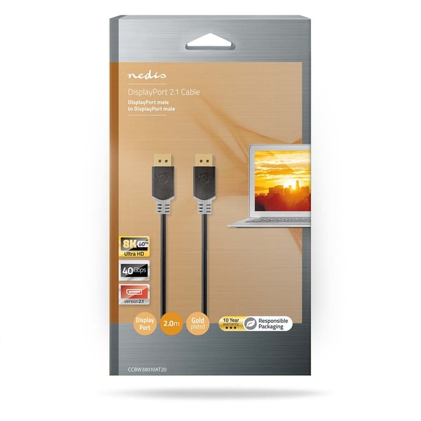 Nedis Displayport-kabel | DisplayPort Han | DisplayPort Han | 8K@60Hz | Gull belagt | 2.00 m | Rund | PVC | Antrasitt | Boks