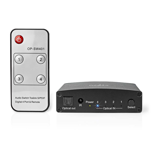 Nedis Digital Audio Switch | 4-vejs | Indgang til lyd- / video- / dataforbindelser: DC Power / 4x TosLink | Audio / video / dataforbindelser output: T