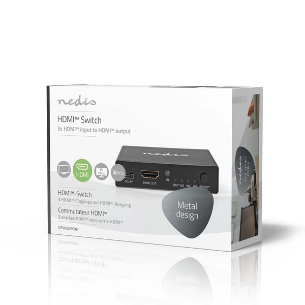 Nedis HDMI ™ Switch | 3-Port port(s) | 3x HDMI™ Input | 1x HDMI™ Output | 8K@60Hz | 45 Gbps | Fjernstyrtkontrolert | Aluminium | Antrasitt