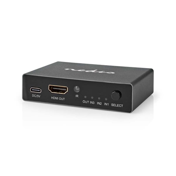 Nedis HDMI ™ Switch | 3-Port port(s) | 3x HDMI™ Input | 1x HDMI™ Output | 8K@60Hz | 45 Gbps | Fjernstyrtkontrolert | Aluminium | Antrasitt
