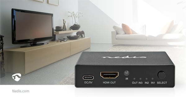 Nedis HDMI ™ Switch | 3-Port port(s) | 3x HDMI™ Input | 1x HDMI™ Output | 8K@60Hz | 45 Gbps | Fjernstyrtkontrolert | Aluminium | Antrasitt