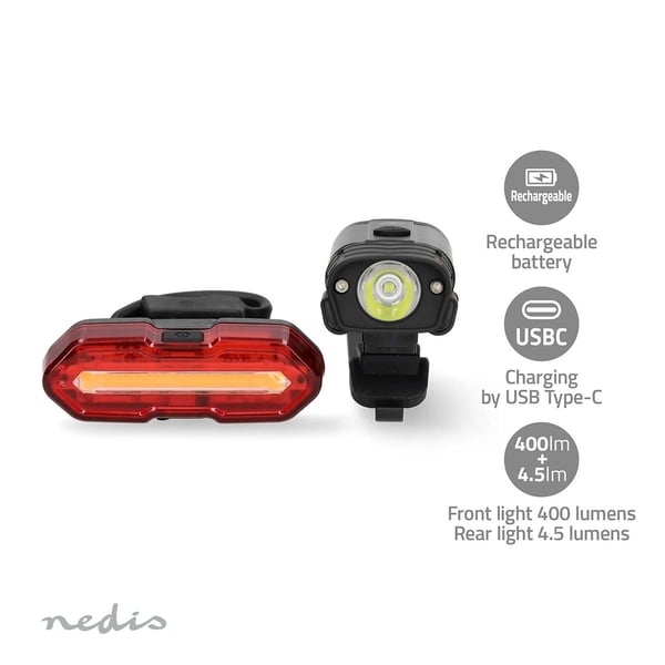 Nedis Sykkel Lys | Batteri drevet | 5 V DC | 3 W | Oppladningsbar | 400 lm | 4.5 lm | 100 m | 110 °