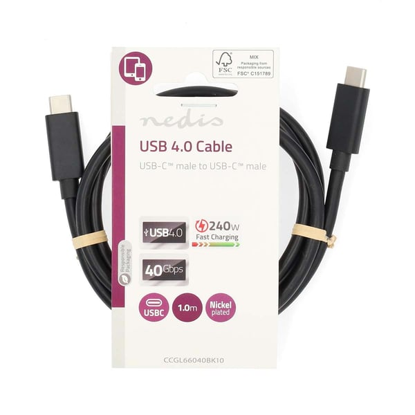 Nedis USB-kabel | USB 4.0 Gen 3x2 | USB-C™ Hann | USB-C™ Hann | 240 W | 8K@60Hz | 40 Gbps | Nikkel belagt | 1.00 m | Rund | PVC | Sort | Label