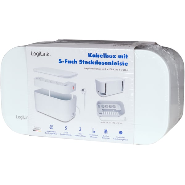 LogiLink Kabelboks - Kabelboks med strømuttak + USB-A/USB-C-lading Hvit