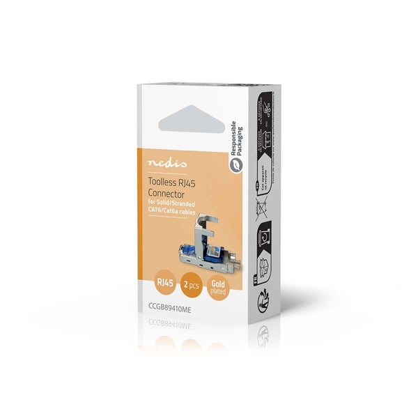 Nedis RJ45-kontakt | Hann | Toolless CAT6 / CAT6a | Rett | Gull belagt | 2 stk. | Metall | Blå / Grå | Boks