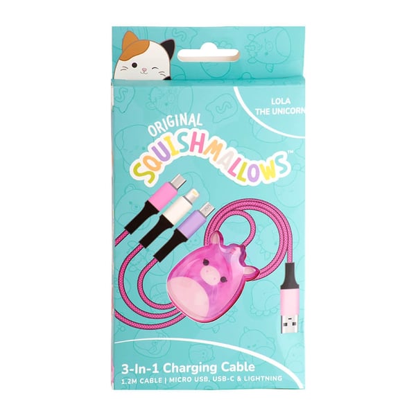 Squishmallows Opladerkabel 1,2m Lola 3i1 USB-C/Micro/Lightning