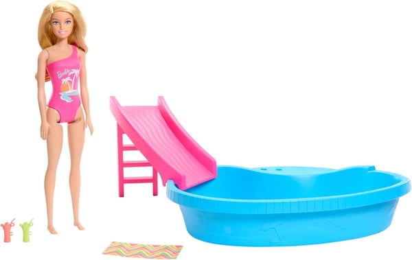 Barbie Dukke og bassenglekesett, blond med basseng, sklie, håndkle og drikketilbehør (HRJ74)