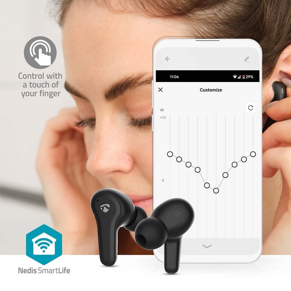 Nedis Fullt Trådløse hodetelefoner | Hybrid (ENC + ANC) | Bluetooth® | Batteri 1 driftstid standard bruk: 2160 min | Touch kontroll | Ladeboks | Trådl